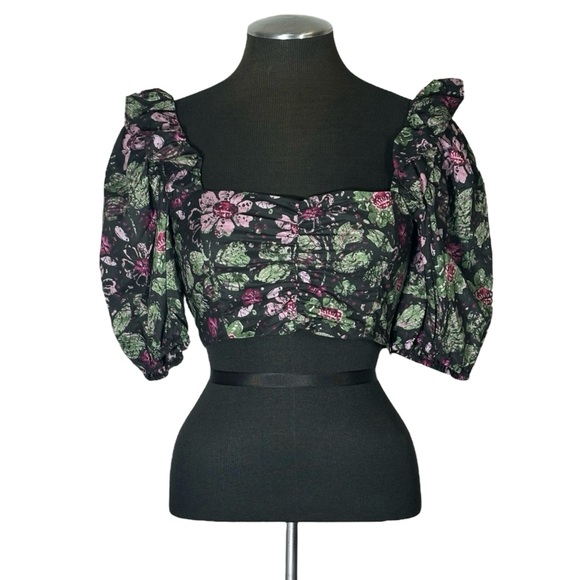 Zara – Floral Puff Sleeve Square Neck Cotton Blend Crop Top - Extra Small XS - Picture 2 of 9